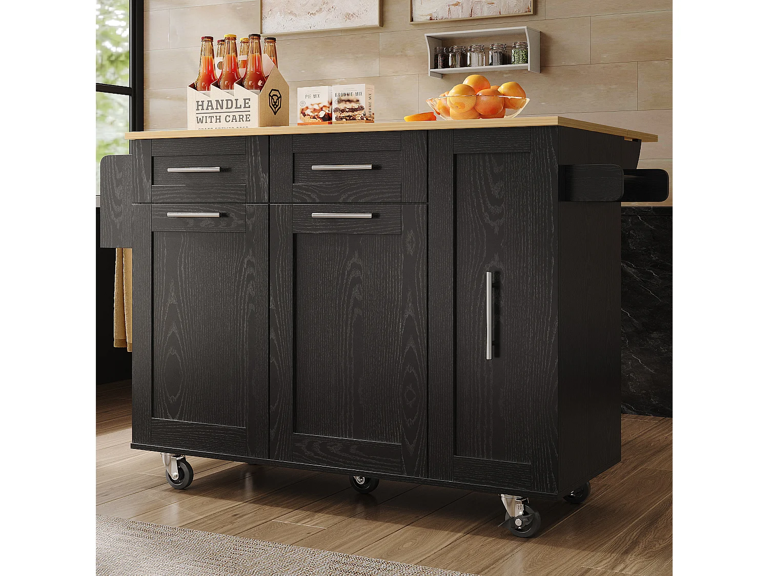 Kitchen island - rolling cart with retractable top - 2 drawers and 2 doors - Black