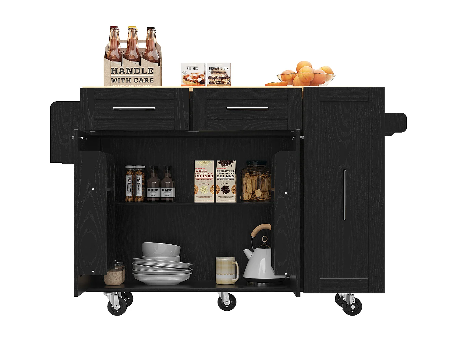 Kitchen island - rolling cart with retractable top - 2 drawers and 2 doors - Black
