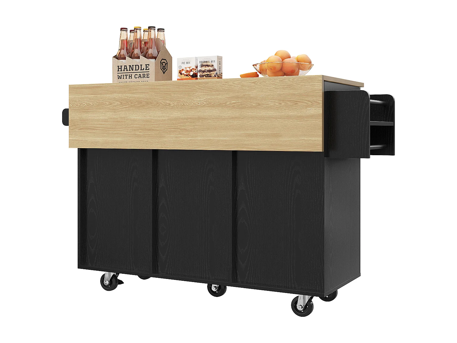 Kitchen island - rolling cart with retractable top - 2 drawers and 2 doors - Black