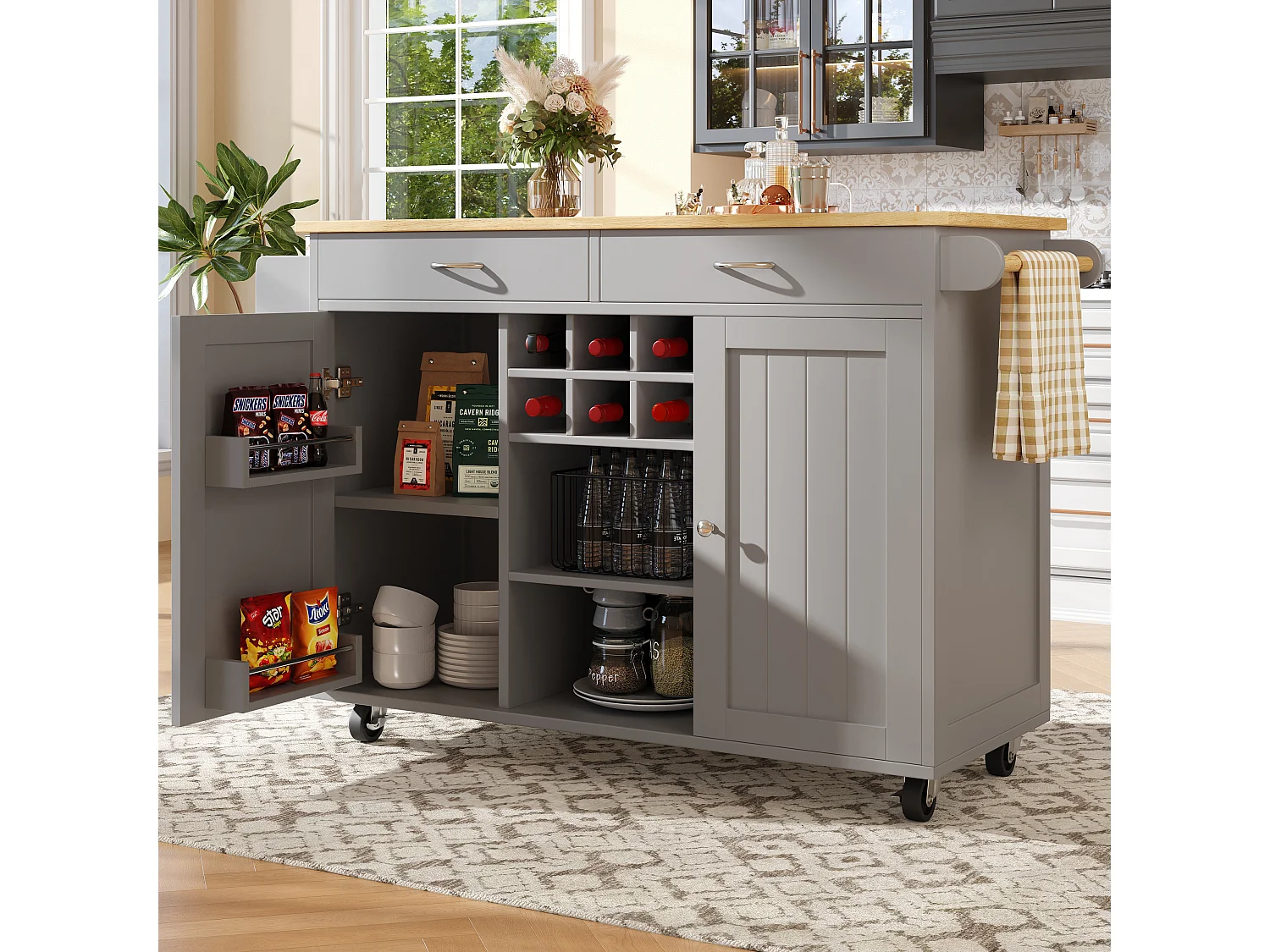 Mobile kitchen island with 2 doors and 2 drawers - 102x45x92 cm - MDF - Gray and natural
