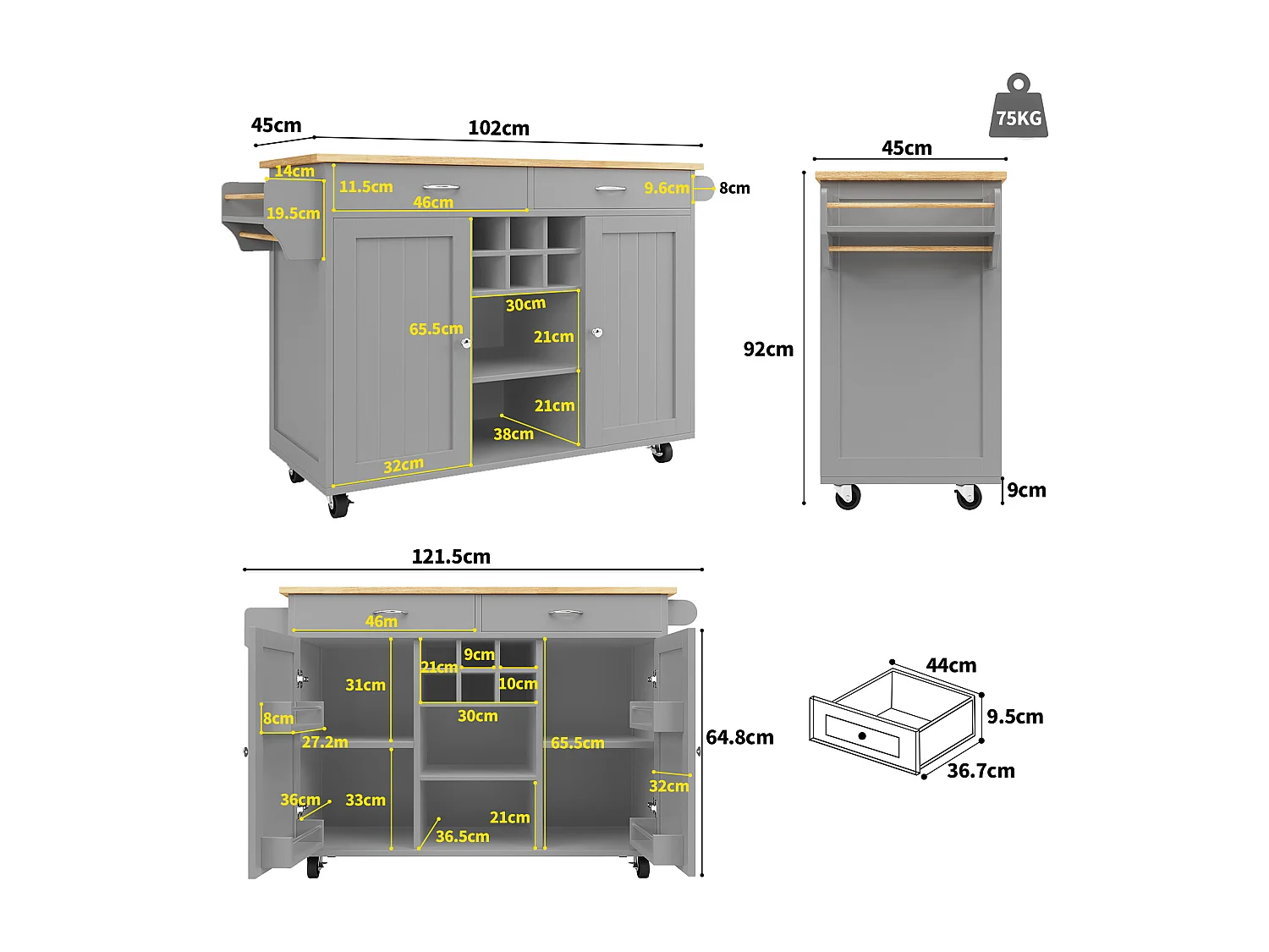 Mobile kitchen island with 2 doors and 2 drawers - 102x45x92 cm - MDF - Gray and natural
