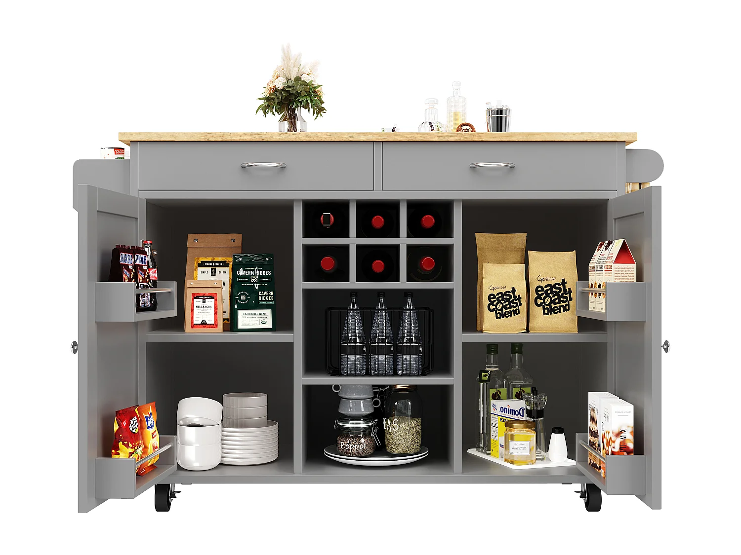 Mobile kitchen island with 2 doors and 2 drawers - 102x45x92 cm - MDF - Gray and natural