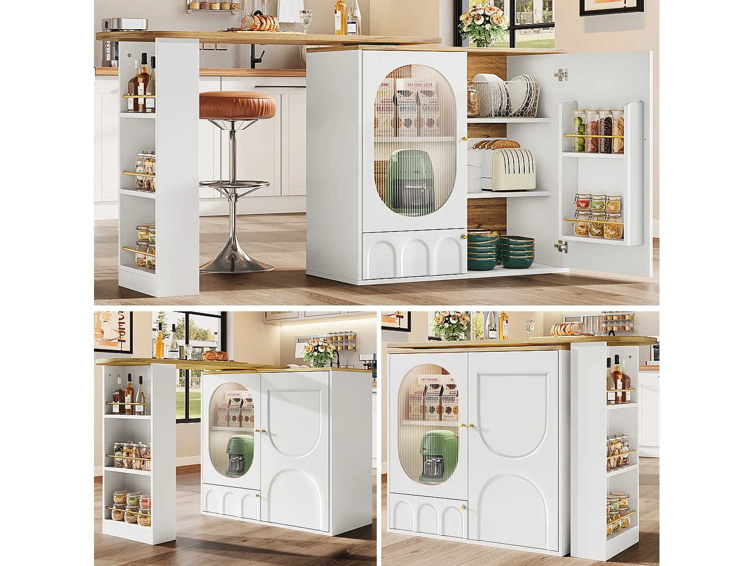 360° Rotating and Retractable Bar Cabinet - 204x39x105 cm - 3 Doors - Open Shelves - White