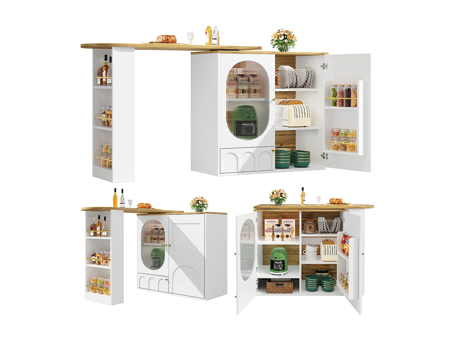 360° Rotating and Retractable Bar Cabinet - 204x39x105 cm - 3 Doors - Open Shelves - White