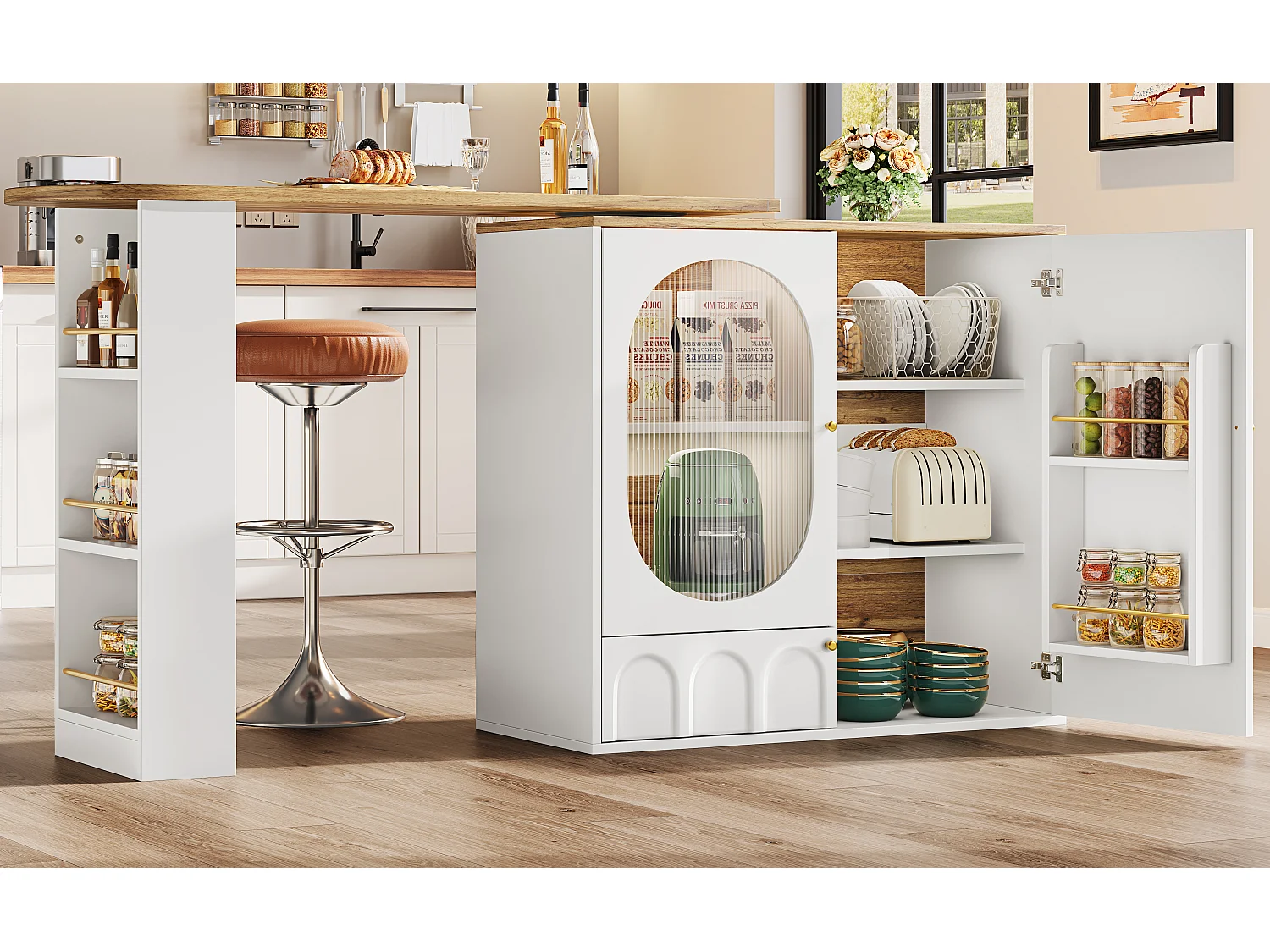 360° Rotating and Retractable Bar Cabinet - 204x39x105 cm - 3 Doors - Open Shelves - White