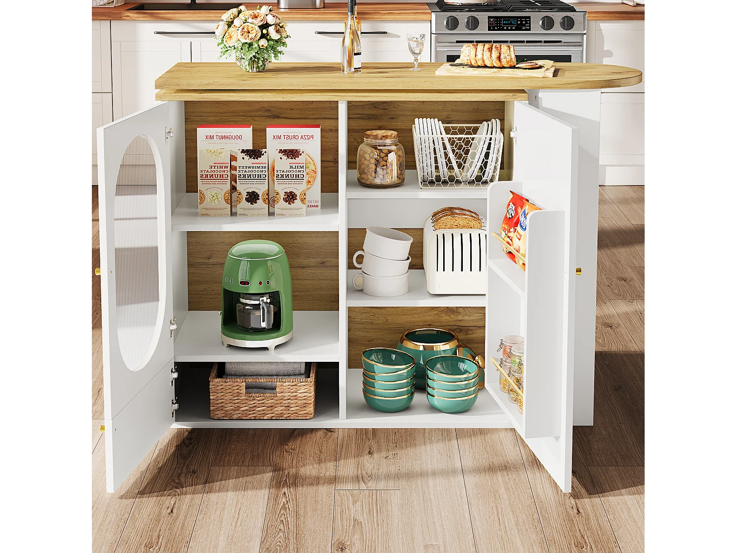 360° Rotating and Retractable Bar Cabinet - 204x39x105 cm - 3 Doors - Open Shelves - White