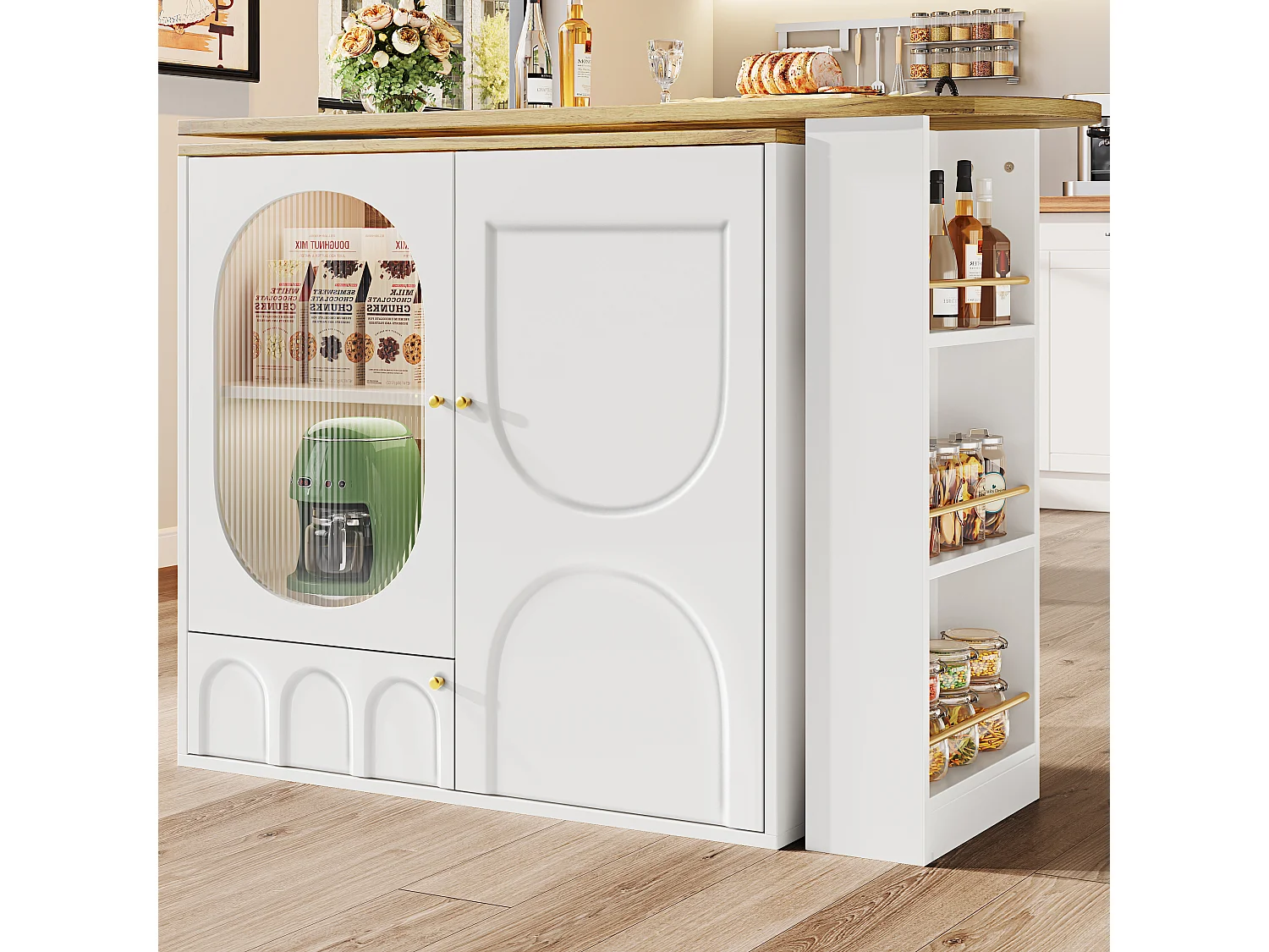 360° Rotating and Retractable Bar Cabinet - 204x39x105 cm - 3 Doors - Open Shelves - White