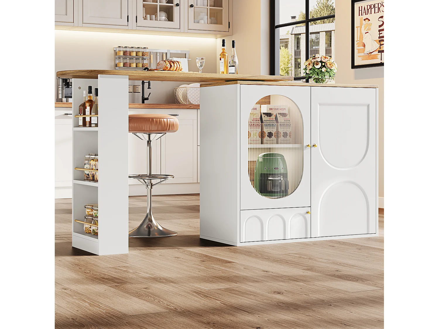 360° Rotating and Retractable Bar Cabinet - 204x39x105 cm - 3 Doors - Open Shelves - White