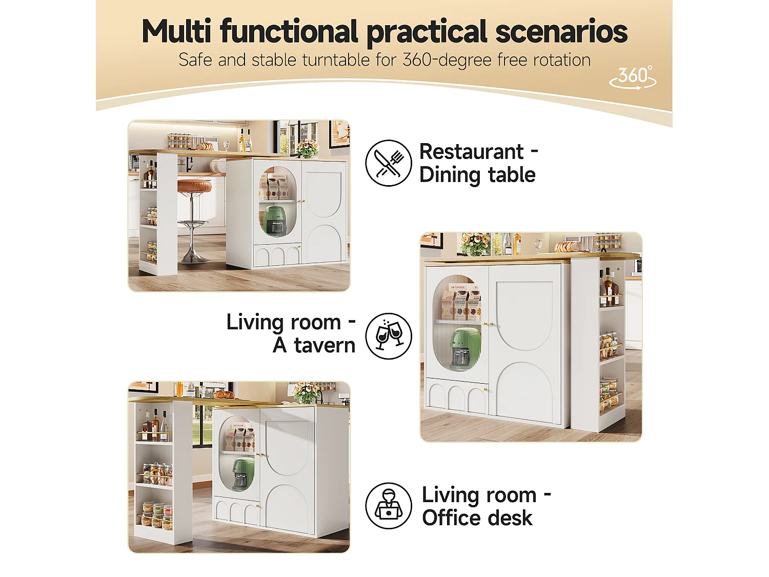 360° Rotating and Retractable Bar Cabinet - 204x39x105 cm - 3 Doors - Open Shelves - White
