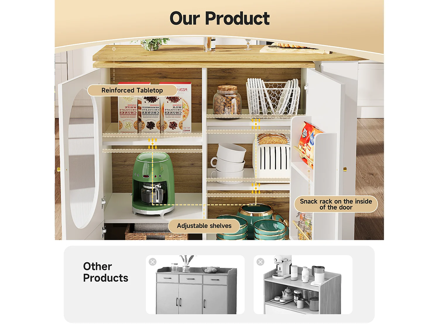 360° Rotating and Retractable Bar Cabinet - 204x39x105 cm - 3 Doors - Open Shelves - White