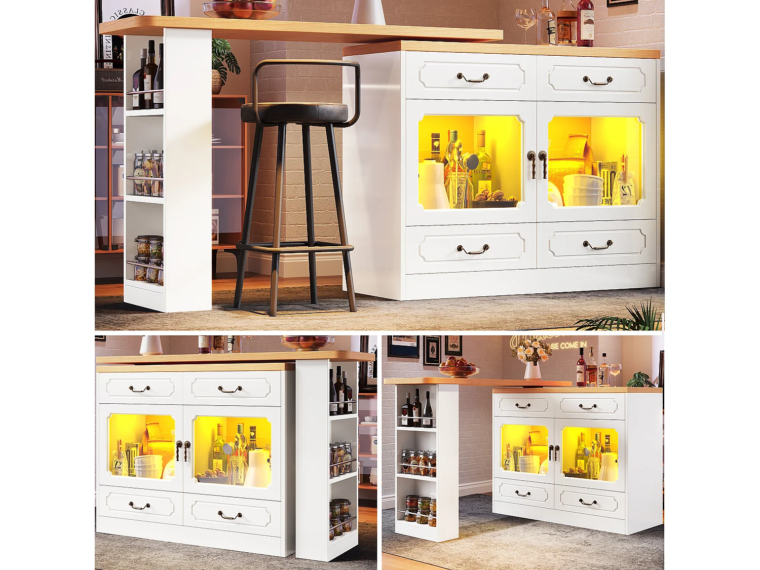 Modern 360° Rotating Bar Cabinet - with LED Lighting - 203x39x93cm - 4 Drawers and 2 Doors - with Side Shelves - White