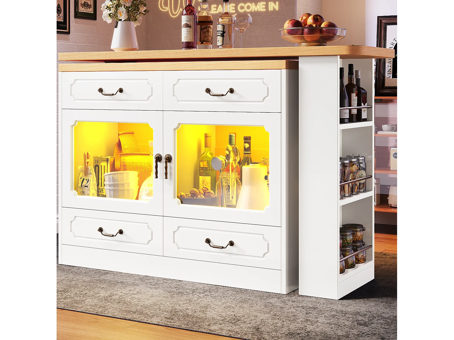 Modern 360° Rotating Bar Cabinet - with LED Lighting - 203x39x93cm - 4 Drawers and 2 Doors - with Side Shelves - White
