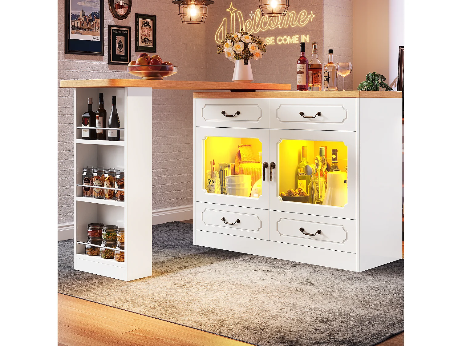 Modern 360° Rotating Bar Cabinet - with LED Lighting - 203x39x93cm - 4 Drawers and 2 Doors - with Side Shelves - White