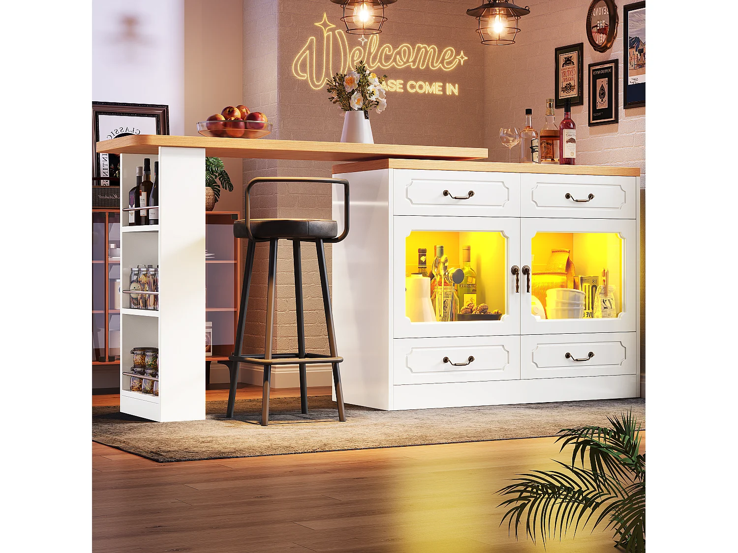 Modern 360° Rotating Bar Cabinet - with LED Lighting - 203x39x93cm - 4 Drawers and 2 Doors - with Side Shelves - White