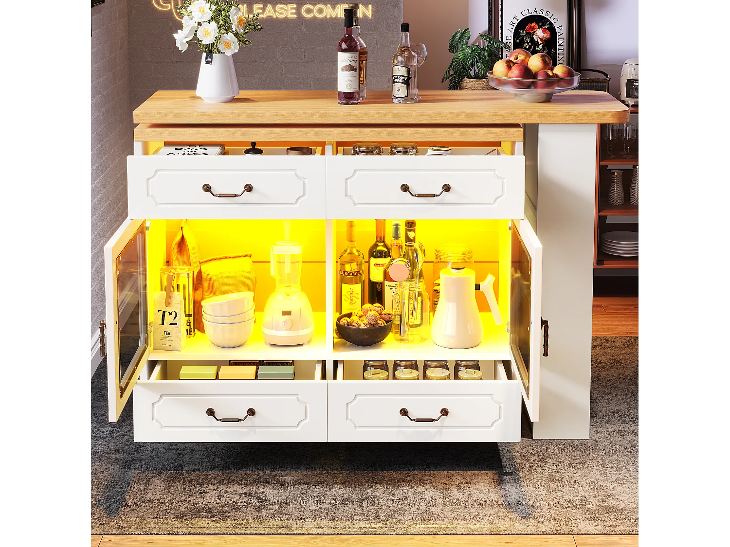 Modern 360° Rotating Bar Cabinet - with LED Lighting - 203x39x93cm - 4 Drawers and 2 Doors - with Side Shelves - White
