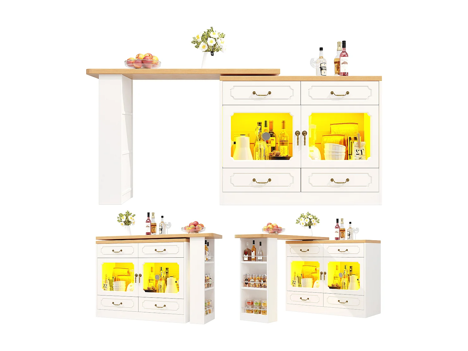 Modern 360° Rotating Bar Cabinet - with LED Lighting - 203x39x93cm - 4 Drawers and 2 Doors - with Side Shelves - White