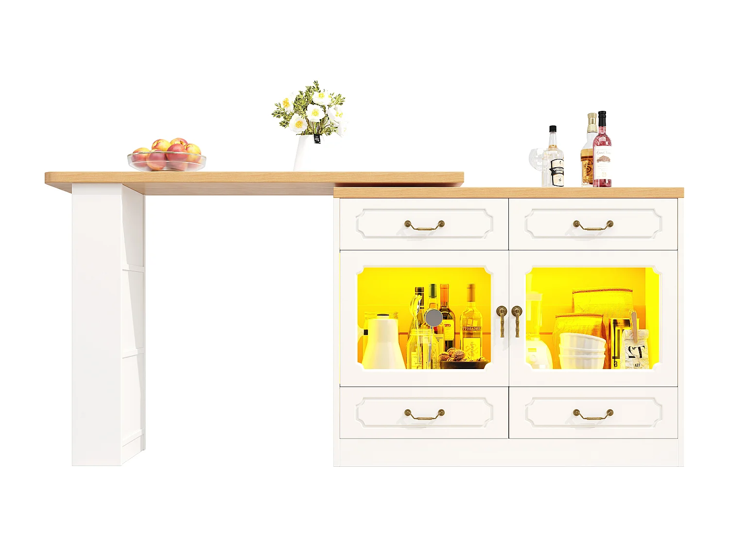 Modern 360° Rotating Bar Cabinet - with LED Lighting - 203x39x93cm - 4 Drawers and 2 Doors - with Side Shelves - White