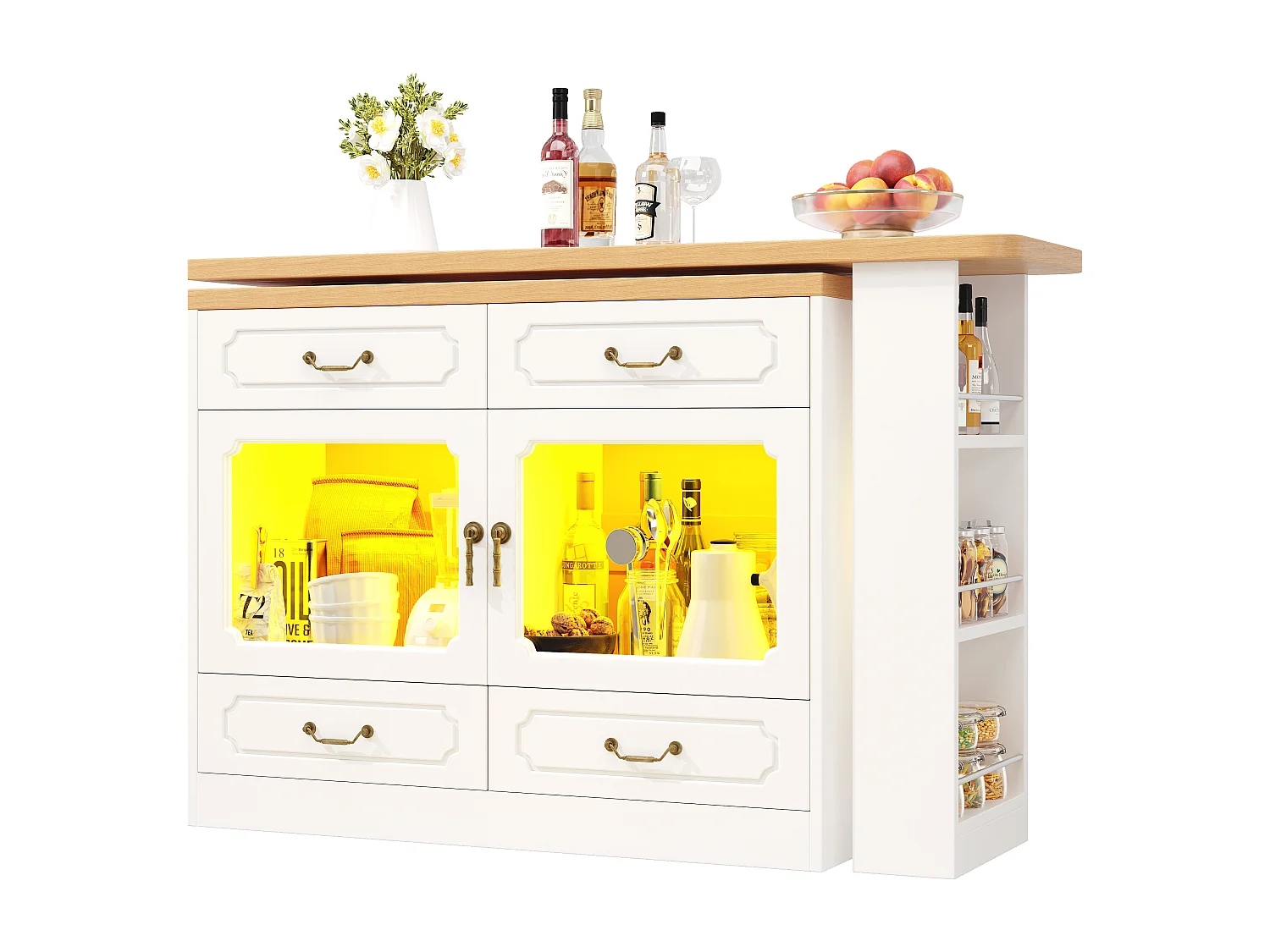 Modern 360° Rotating Bar Cabinet - with LED Lighting - 203x39x93cm - 4 Drawers and 2 Doors - with Side Shelves - White
