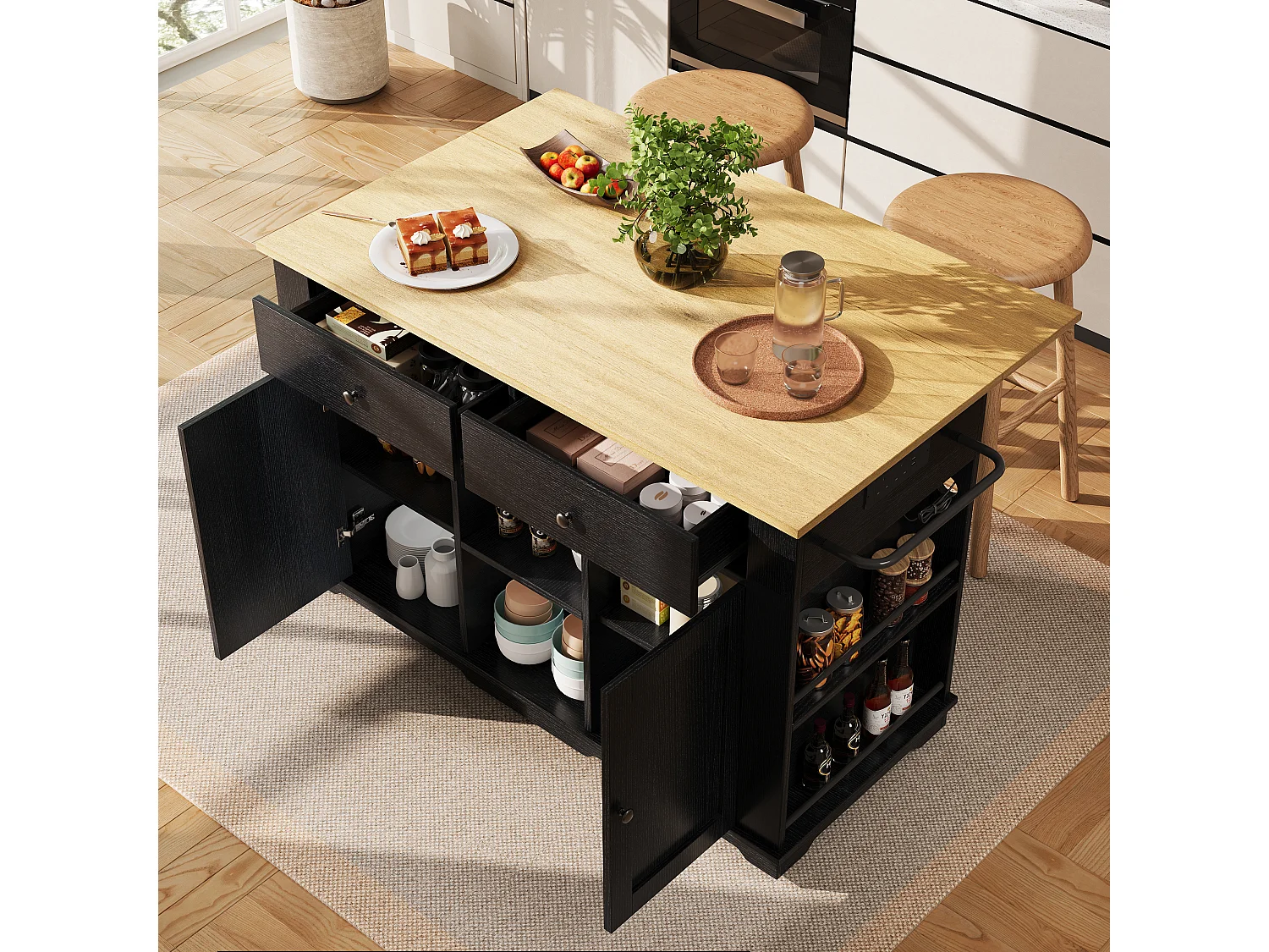 Kitchen island - rolling cart with power outlets - with extendable countertop - 2 doors, 2 drawers, and 2 compartments - Black