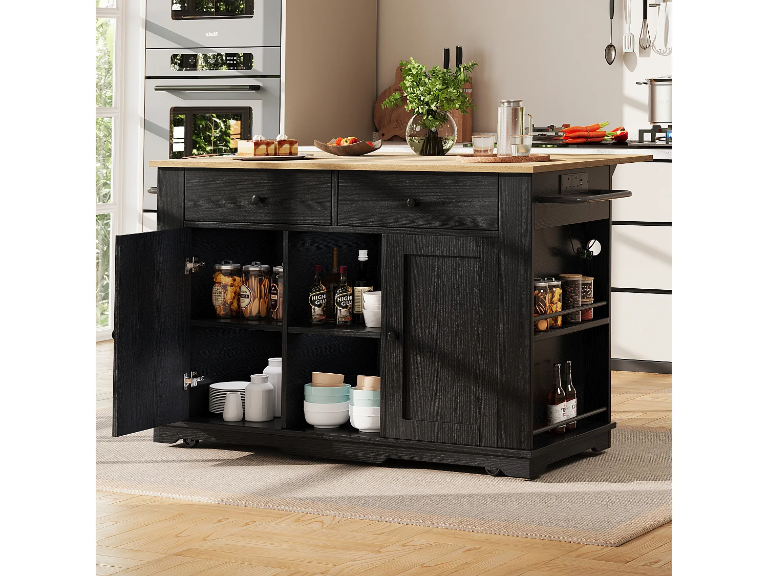 Kitchen island - rolling cart with power outlets - with extendable countertop - 2 doors, 2 drawers, and 2 compartments - Black