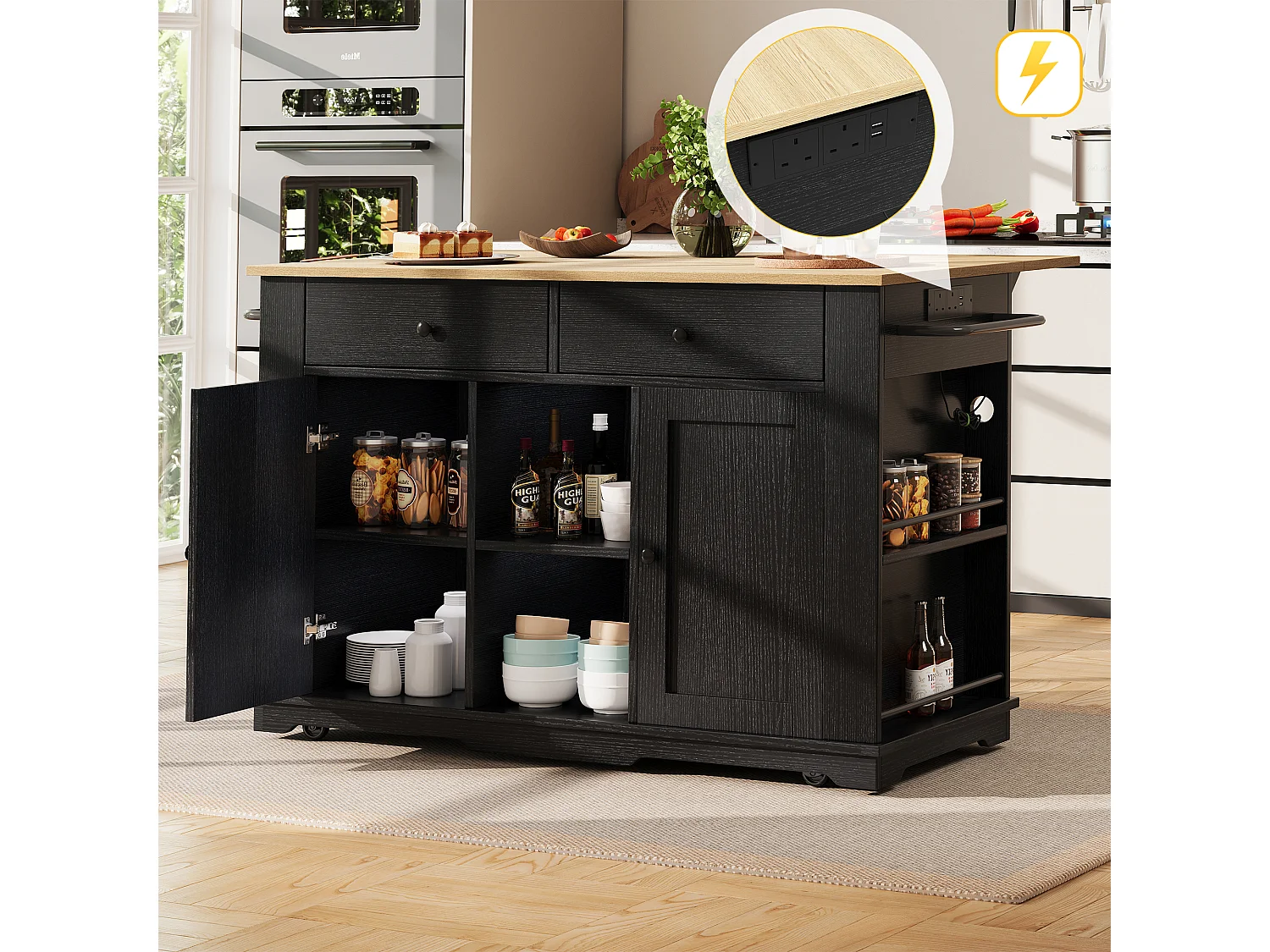 Kitchen island - rolling cart with power outlets - with extendable countertop - 2 doors, 2 drawers, and 2 compartments - Black