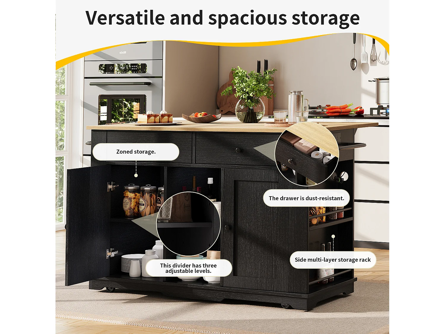 Kitchen island - rolling cart with power outlets - with extendable countertop - 2 doors, 2 drawers, and 2 compartments - Black