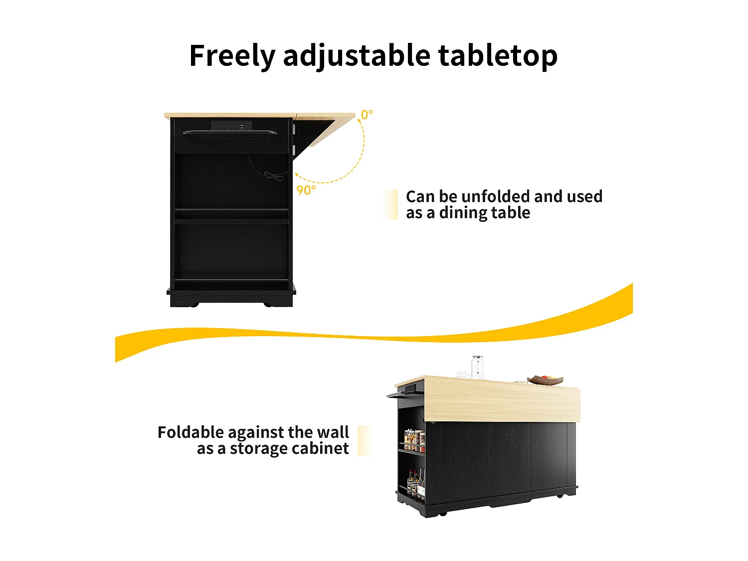 Kitchen island - rolling cart with power outlets - with extendable countertop - 2 doors, 2 drawers, and 2 compartments - Black