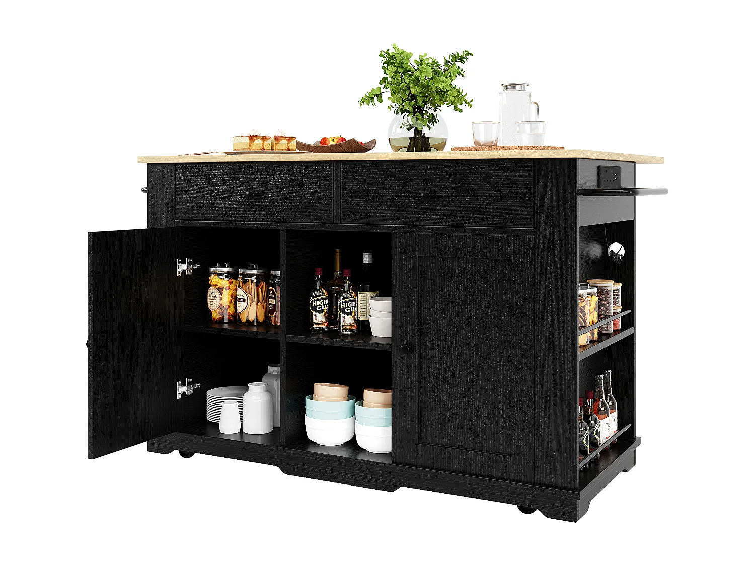 Kitchen island - rolling cart with power outlets - with extendable countertop - 2 doors, 2 drawers, and 2 compartments - Black