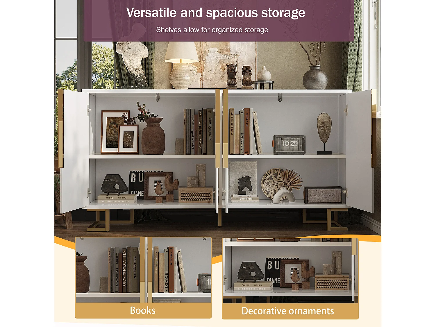 Modern sideboard 152x40x75cm - with 4 doors - unique design with gold handles and legs - White