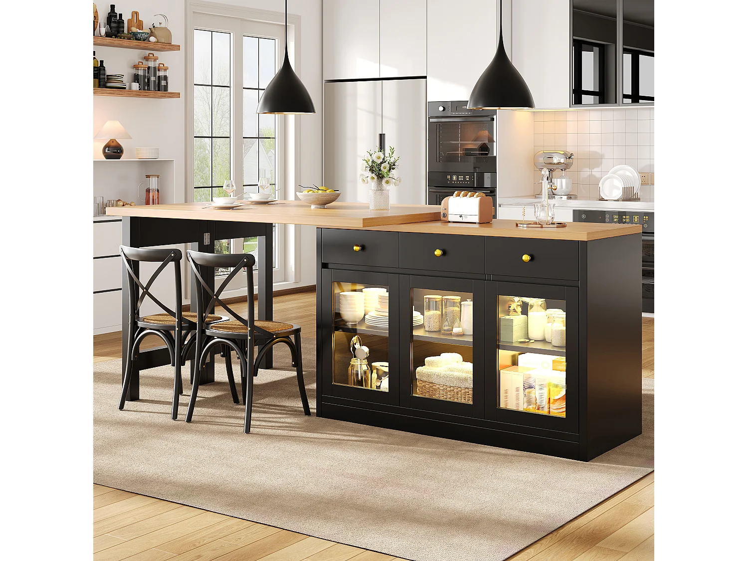 Extendable Kitchen Island 120-200 cm with LED, Modular Dining Table with 3 Soft-Close Drawers and Glass Doors - Black
