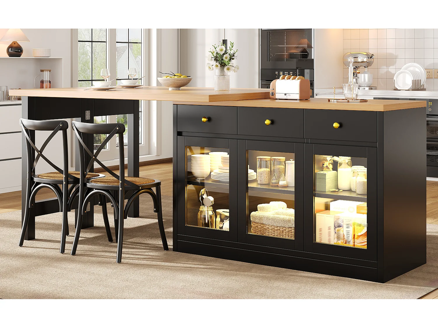 Extendable Kitchen Island 120-200 cm with LED, Modular Dining Table with 3 Soft-Close Drawers and Glass Doors - Black