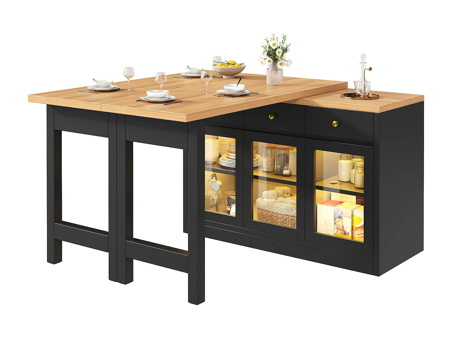 Extendable Kitchen Island 120-200 cm with LED, Modular Dining Table with 3 Soft-Close Drawers and Glass Doors - Black