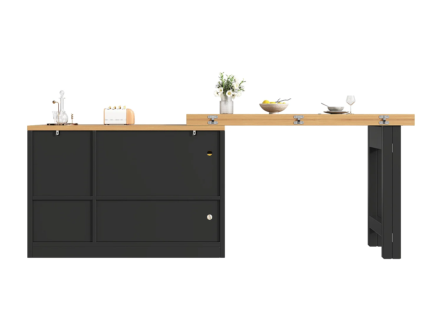 Extendable Kitchen Island 120-200 cm with LED, Modular Dining Table with 3 Soft-Close Drawers and Glass Doors - Black