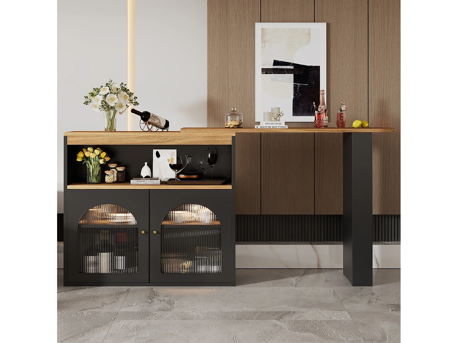 Swivel and retractable bar cabinet with LED lighting - large storage space - contemporary style - Black