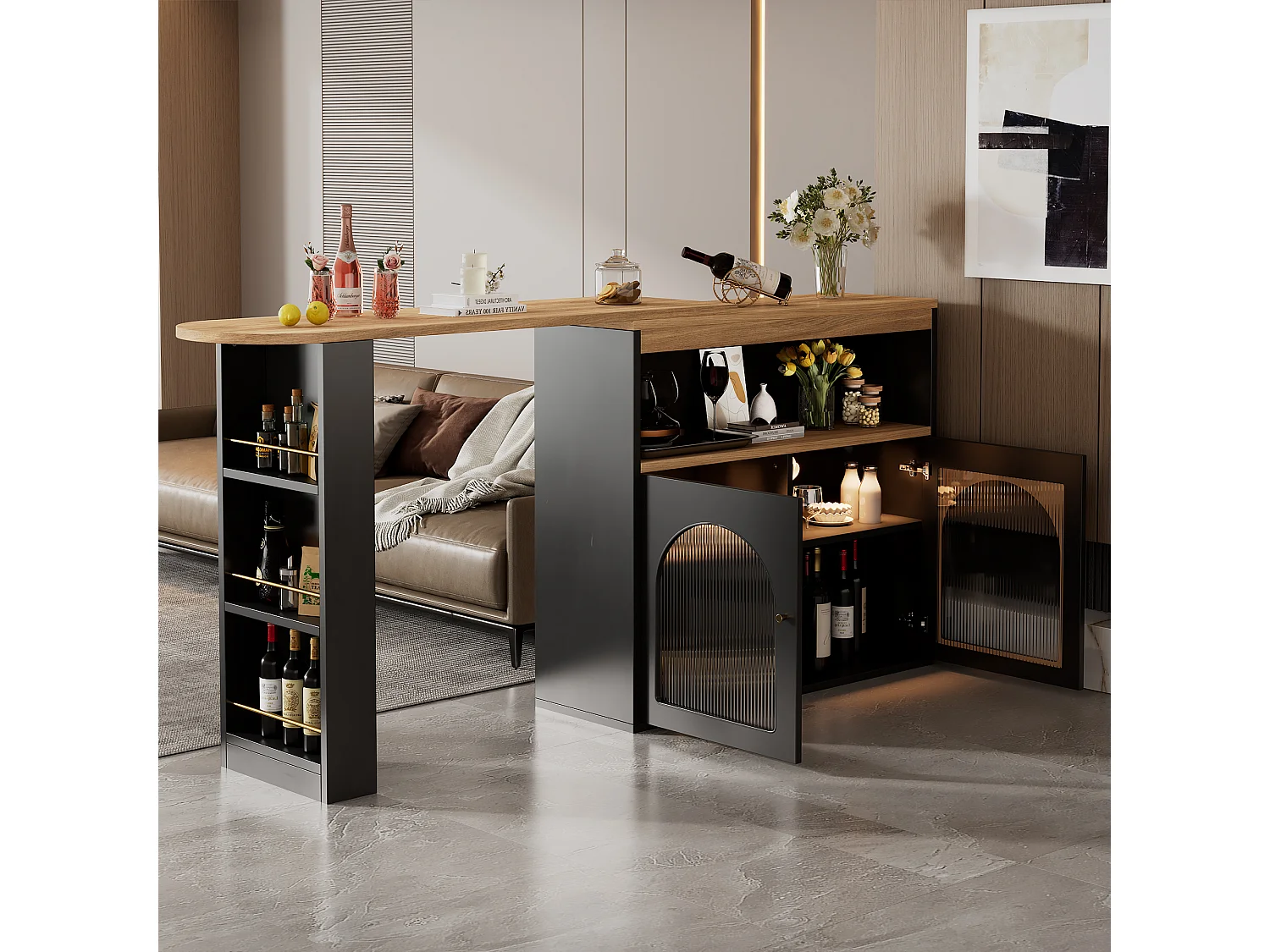 Swivel and retractable bar cabinet with LED lighting - large storage space - contemporary style - Black