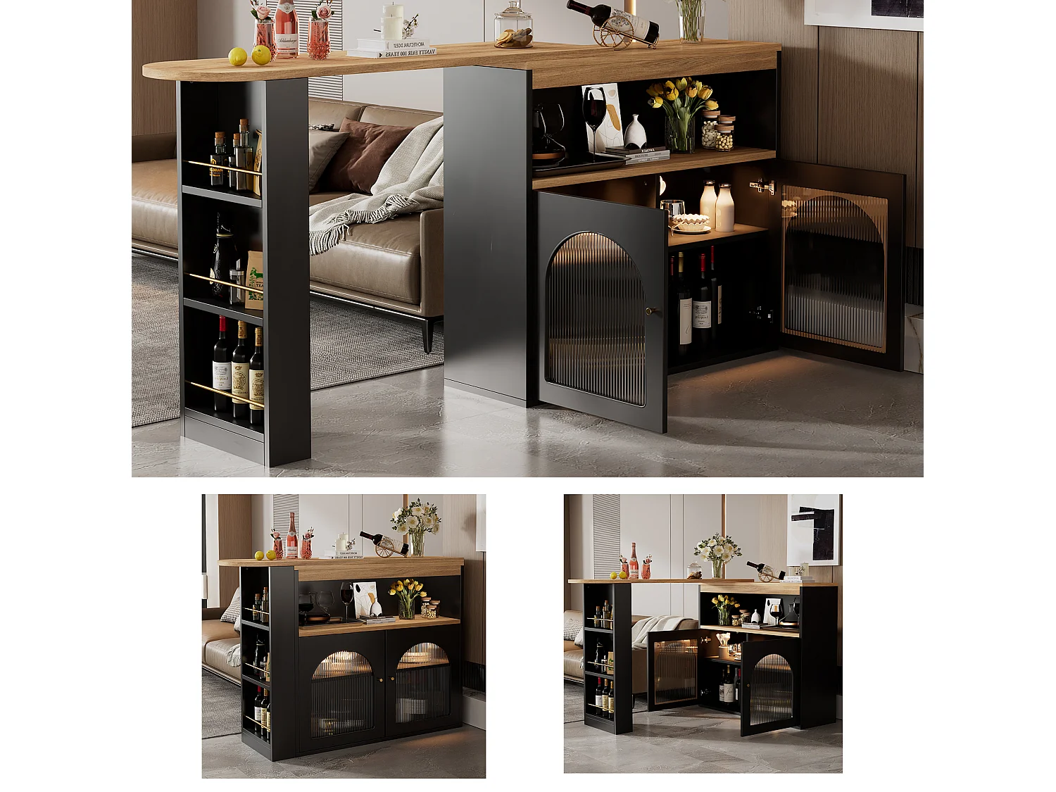 Swivel and retractable bar cabinet with LED lighting - large storage space - contemporary style - Black