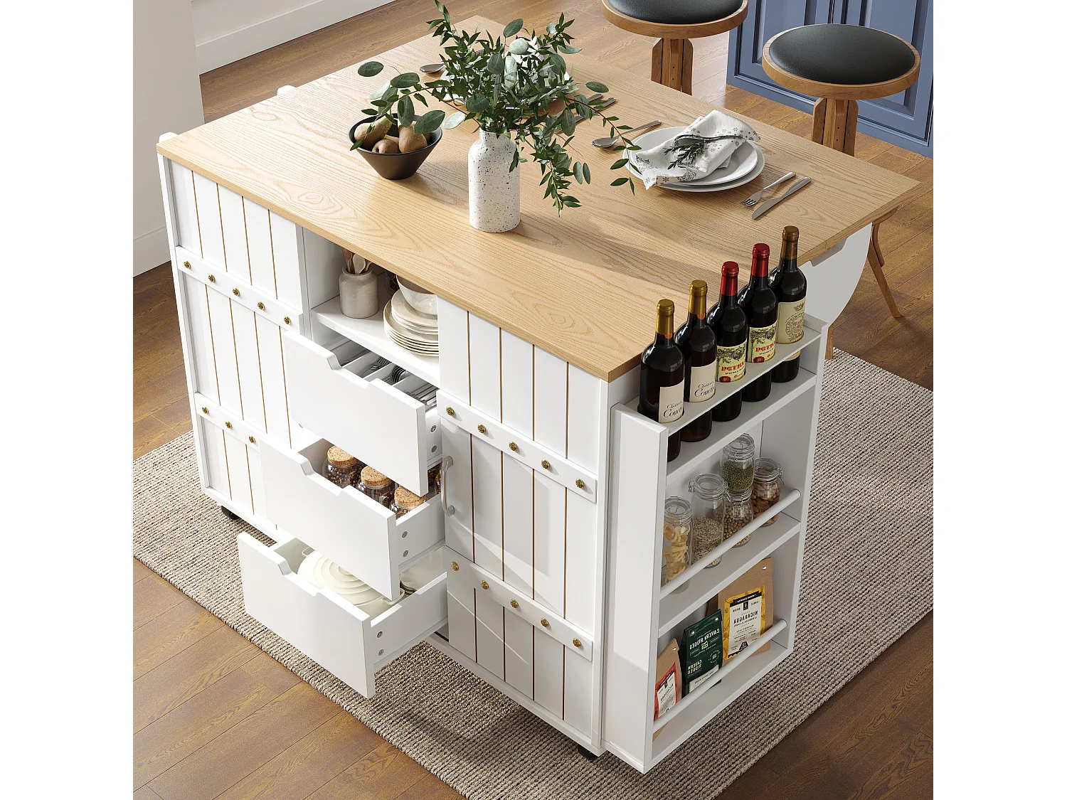 Mobile Kitchen Island - Extendable Top - 3 Drawers - With Spice Rack and Towel Rail - MDF - White