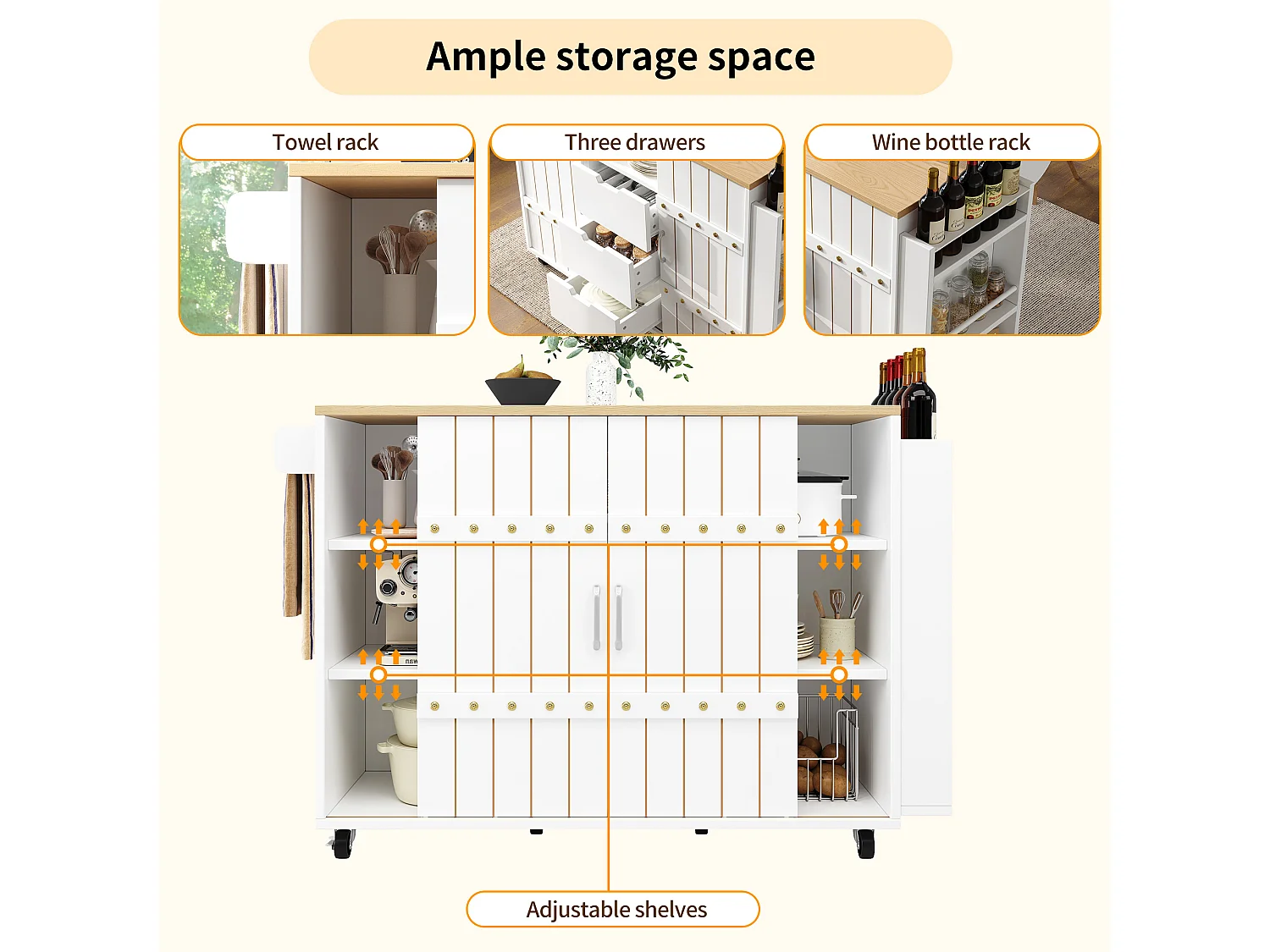 Mobile Kitchen Island - Extendable Top - 3 Drawers - With Spice Rack and Towel Rail - MDF - White