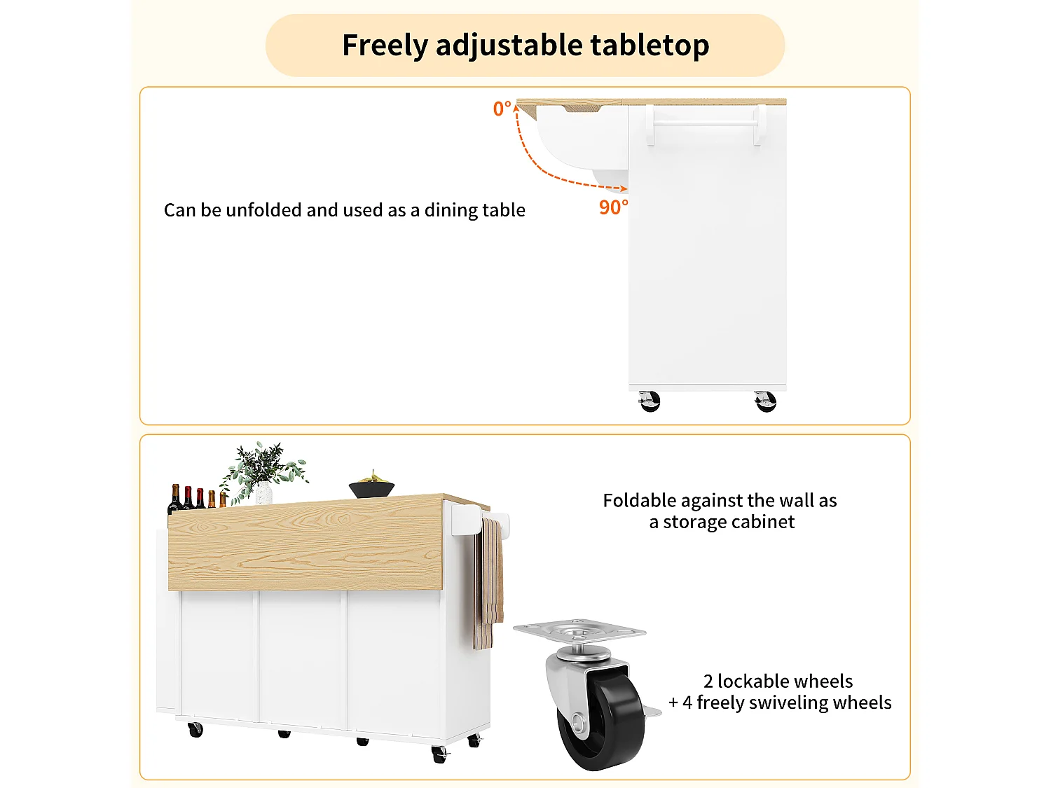 Mobile Kitchen Island - Extendable Top - 3 Drawers - With Spice Rack and Towel Rail - MDF - White