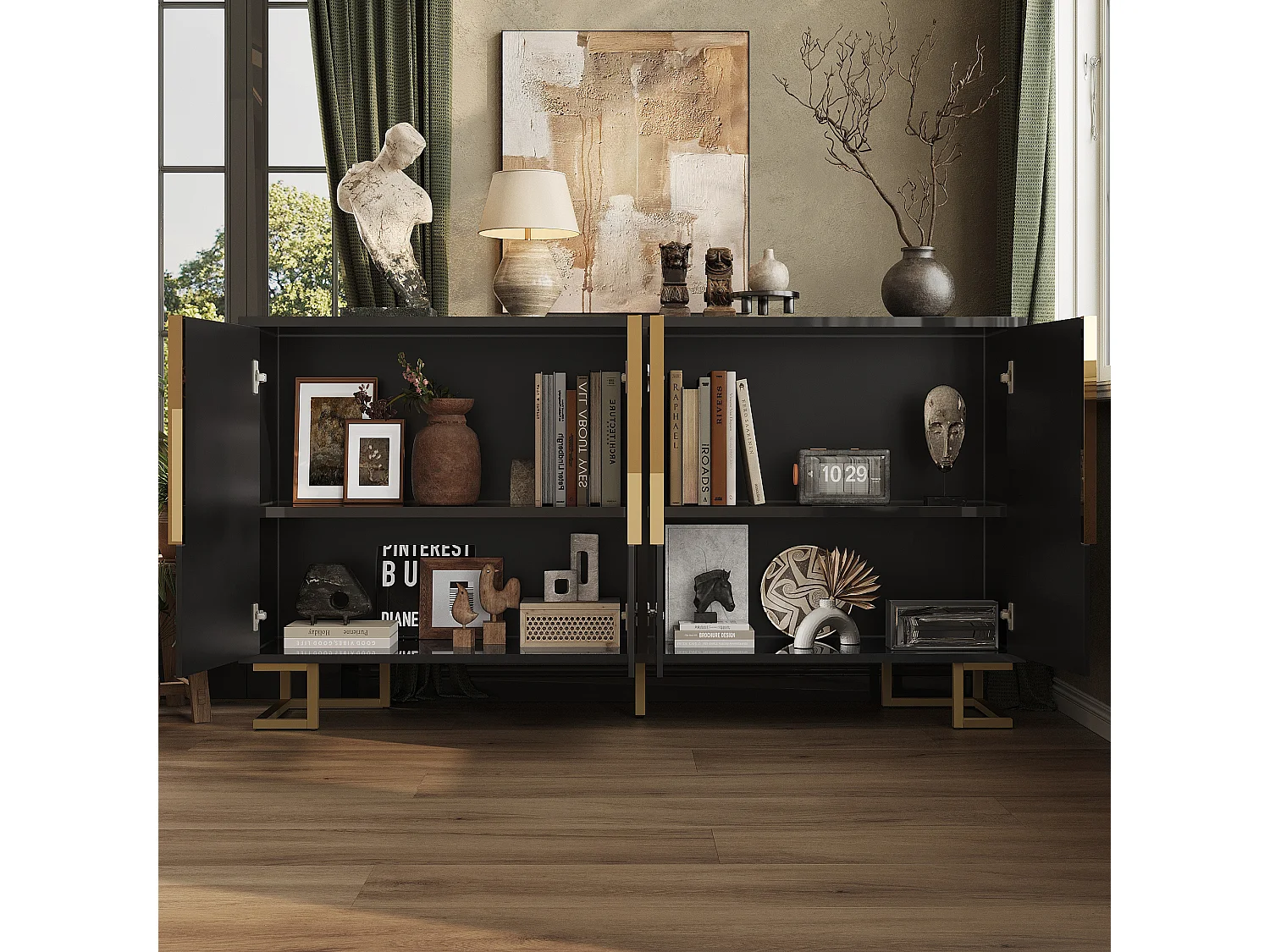Modern sideboard 152x40x75cm - with 4 doors - unique design with gold handles and legs - Black