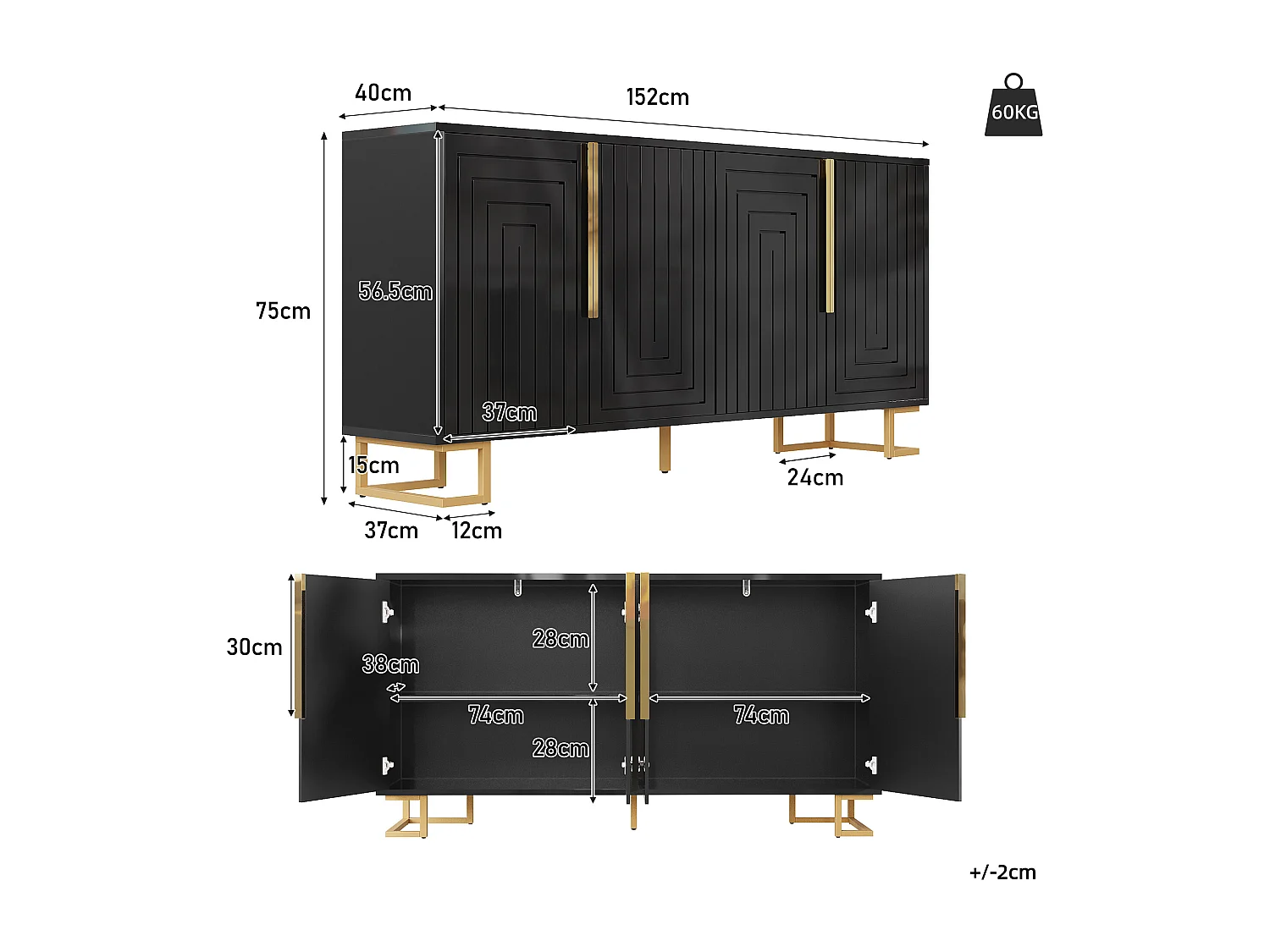 Modern sideboard 152x40x75cm - with 4 doors - unique design with gold handles and legs - Black