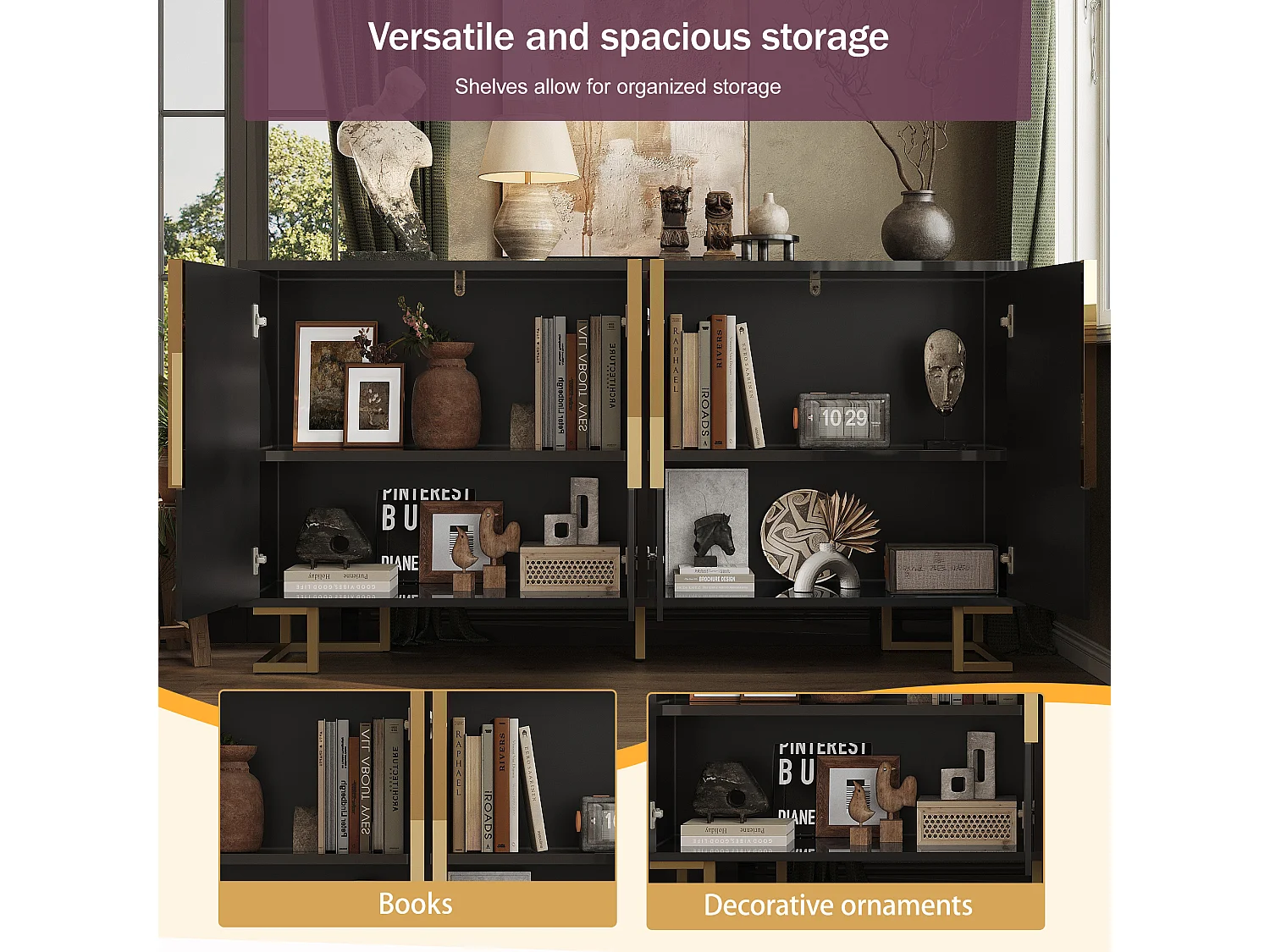 Modern sideboard 152x40x75cm - with 4 doors - unique design with gold handles and legs - Black