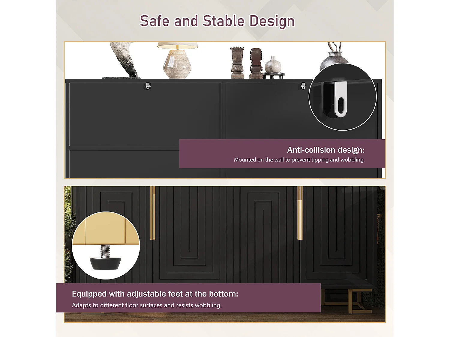 Modern sideboard 152x40x75cm - with 4 doors - unique design with gold handles and legs - Black