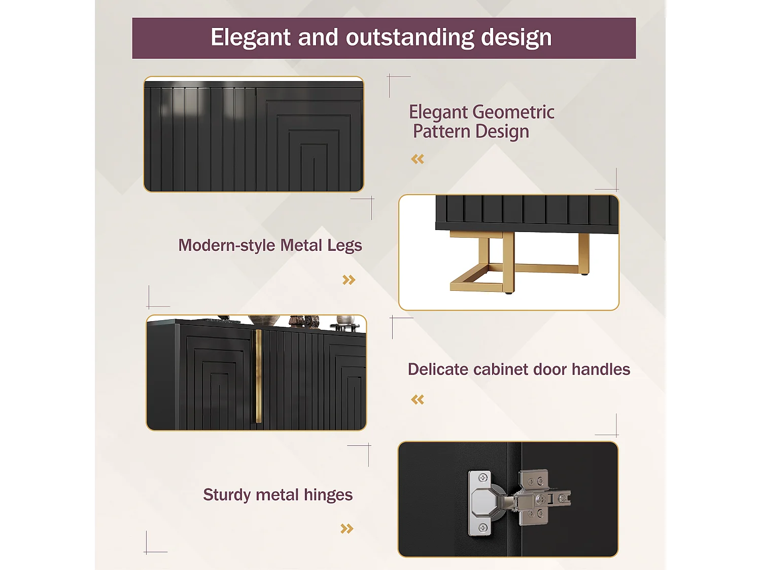 Modern sideboard 152x40x75cm - with 4 doors - unique design with gold handles and legs - Black