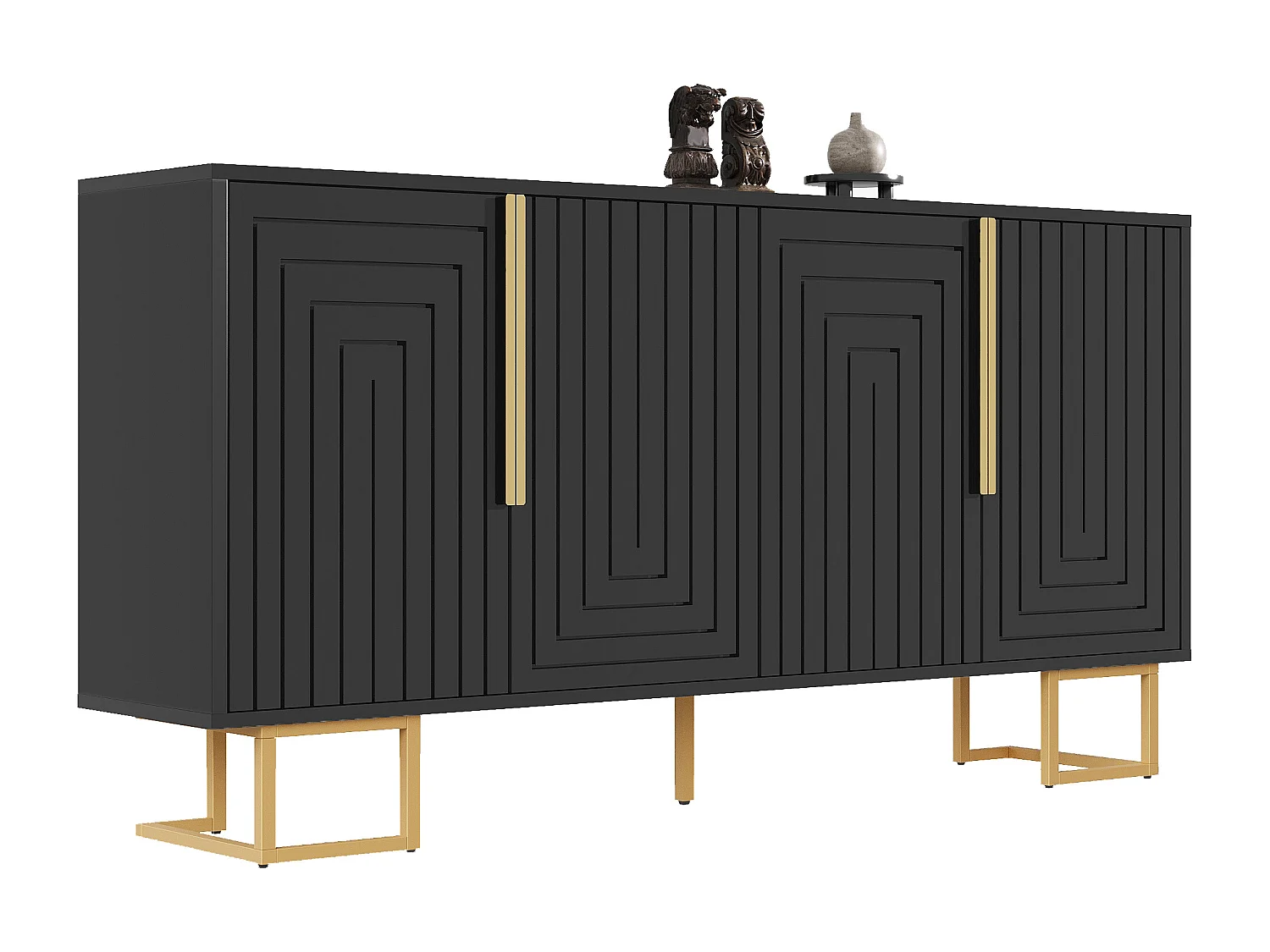 Modern sideboard 152x40x75cm - with 4 doors - unique design with gold handles and legs - Black