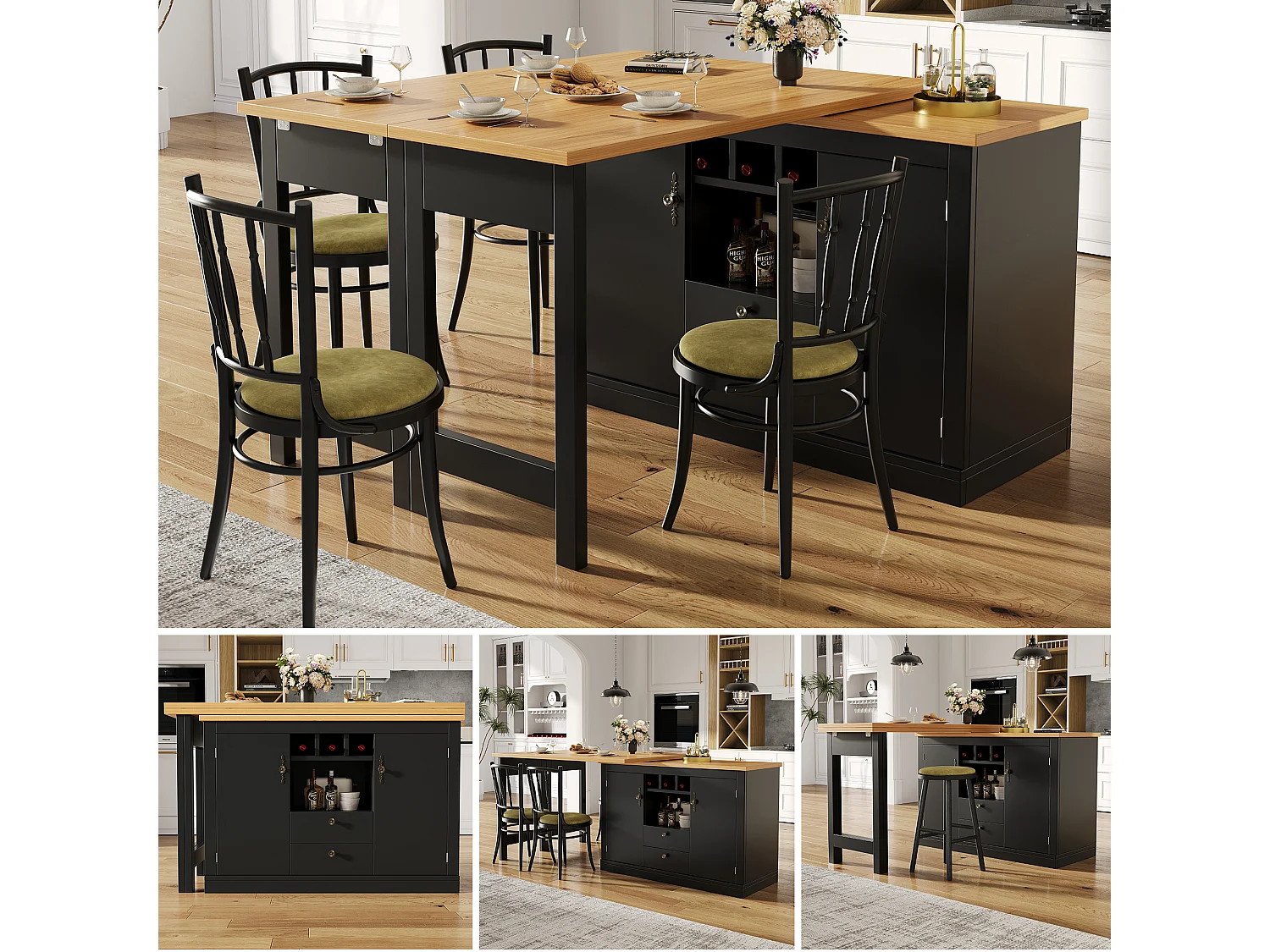 Extendable kitchen bar unit - 360° rotation - large table - 180x79.5x71.5cm - 2 drawers and 2 doors - 3 wine racks - Black
