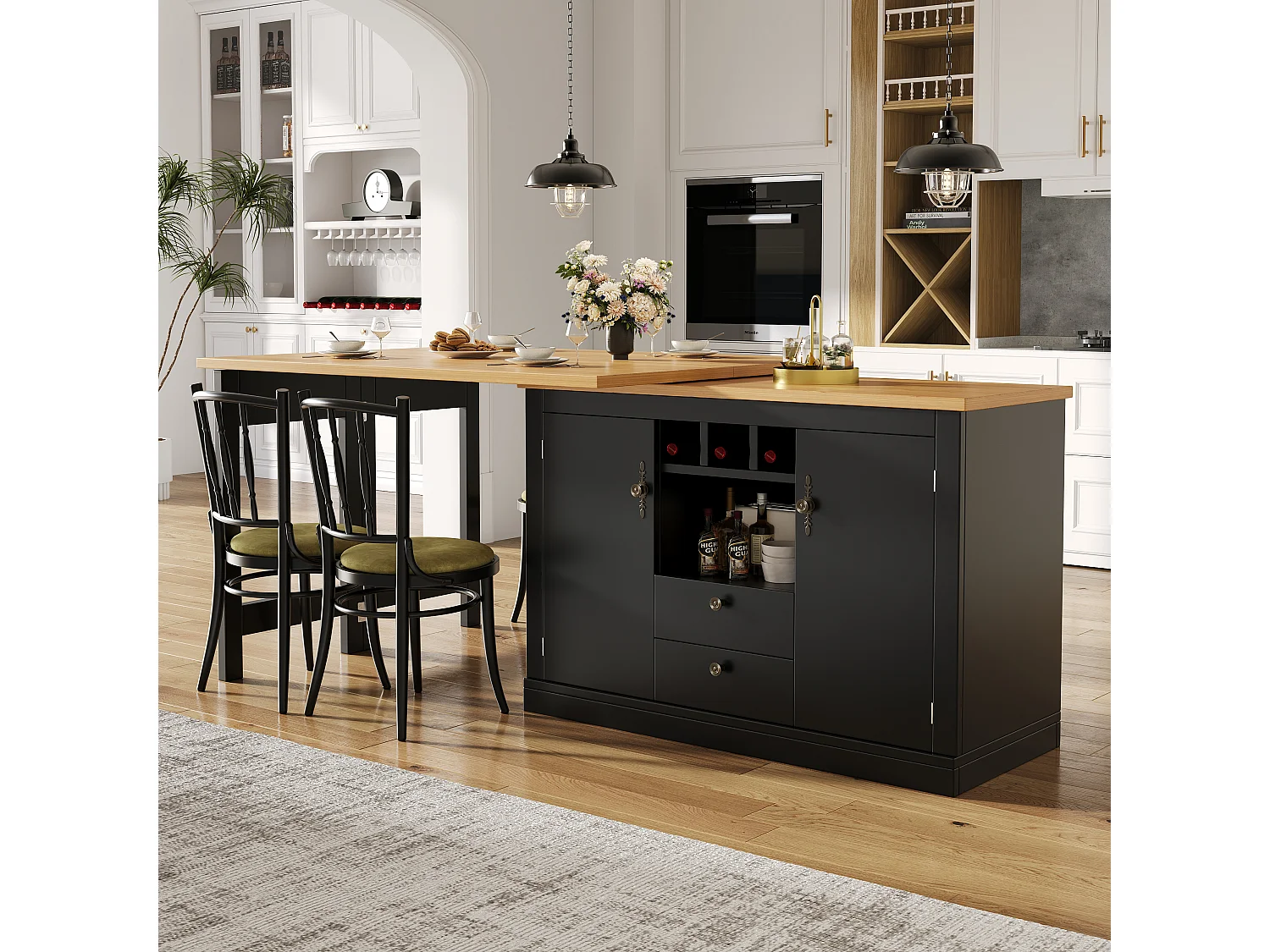 Extendable kitchen bar unit - 360° rotation - large table - 180x79.5x71.5cm - 2 drawers and 2 doors - 3 wine racks - Black