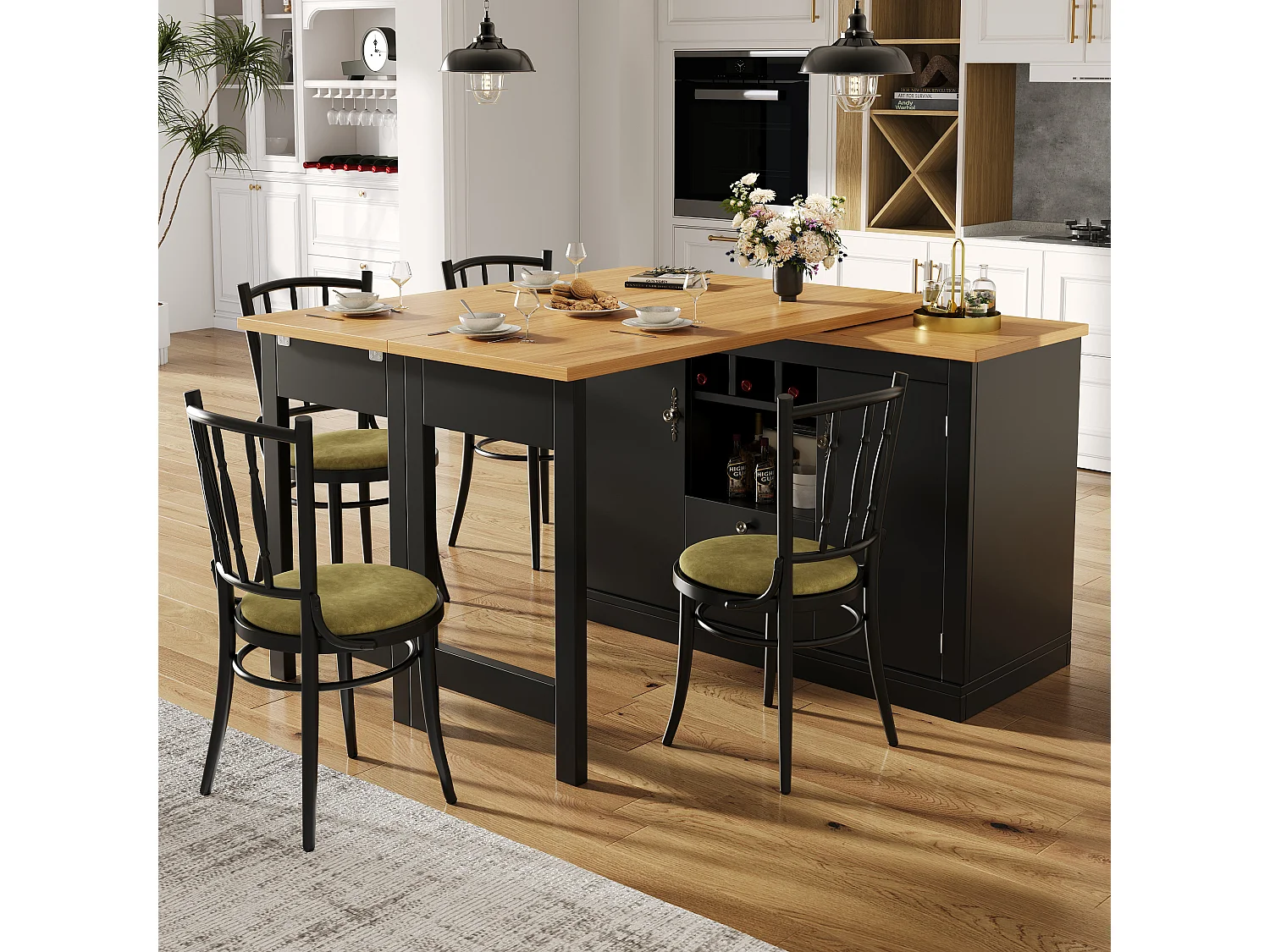 Extendable kitchen bar unit - 360° rotation - large table - 180x79.5x71.5cm - 2 drawers and 2 doors - 3 wine racks - Black