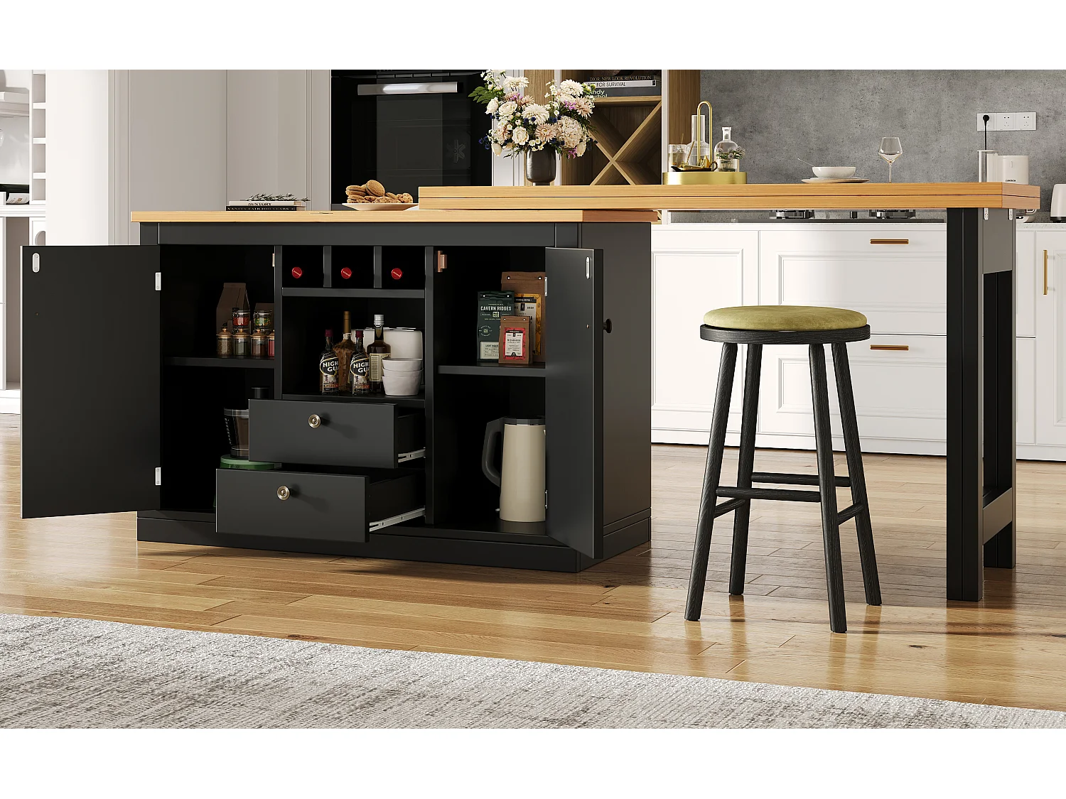 Extendable kitchen bar unit - 360° rotation - large table - 180x79.5x71.5cm - 2 drawers and 2 doors - 3 wine racks - Black