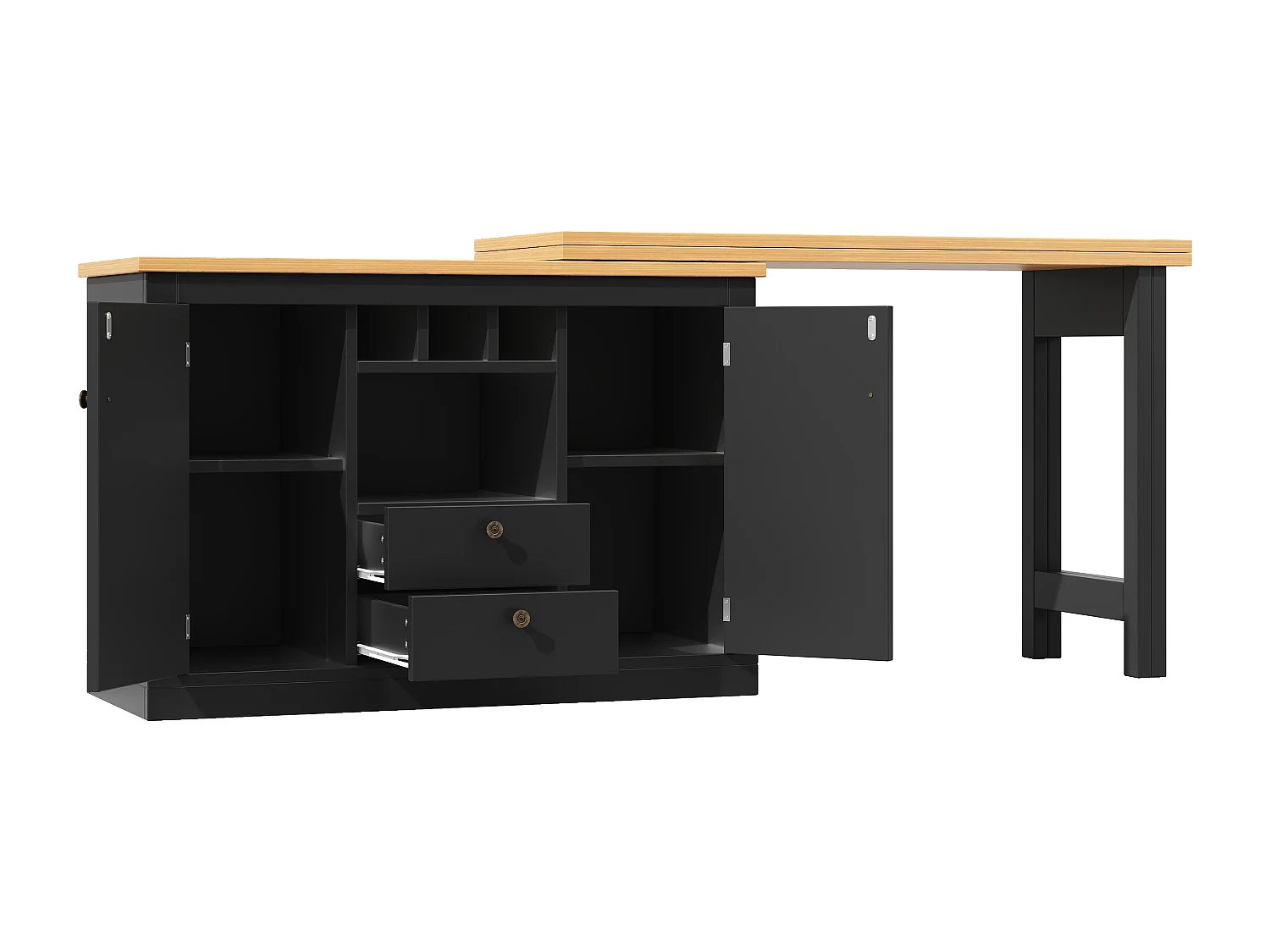Extendable kitchen bar unit - 360° rotation - large table - 180x79.5x71.5cm - 2 drawers and 2 doors - 3 wine racks - Black